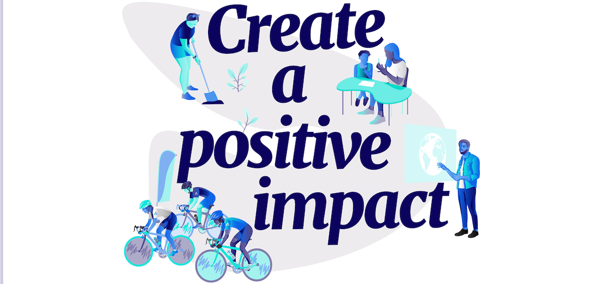 illustration of Alfa's value: "create a positive impact", featuring people educating, cycling and planting trees