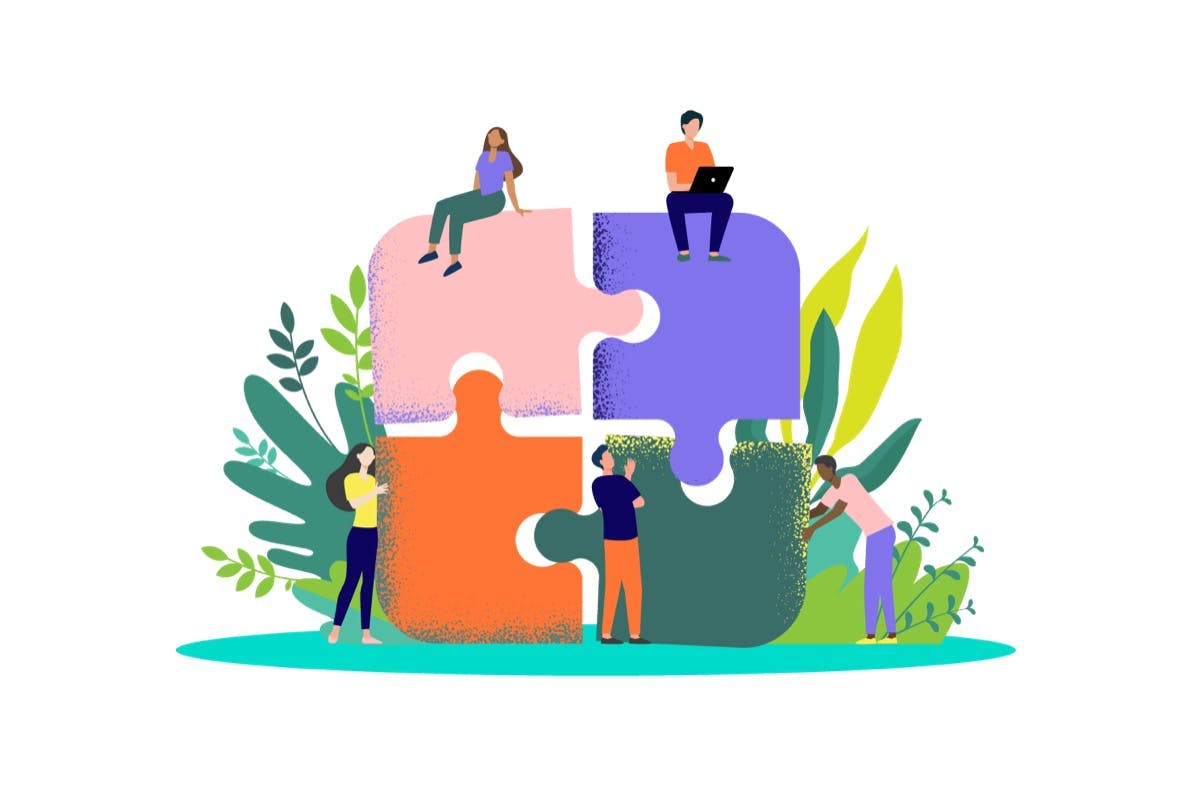 Colourful illustration of people sitting on and standing around puzzle pieces