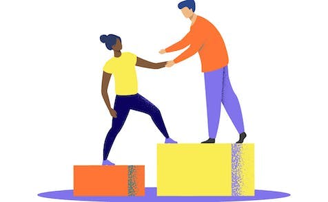 Colourful illustration showing a person helping another person up a block