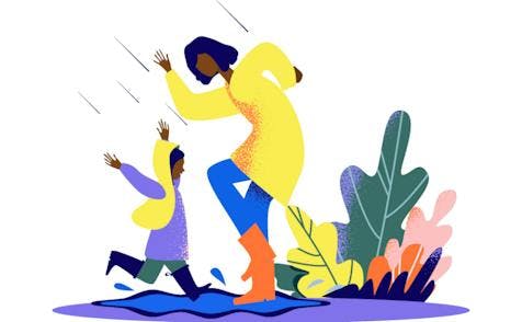 Colourful illustration showing a woman splashing with a child in a puddle