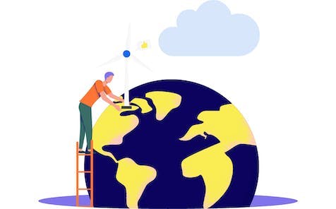 Colourful illustration showing a man putting a wind turbine on the planet