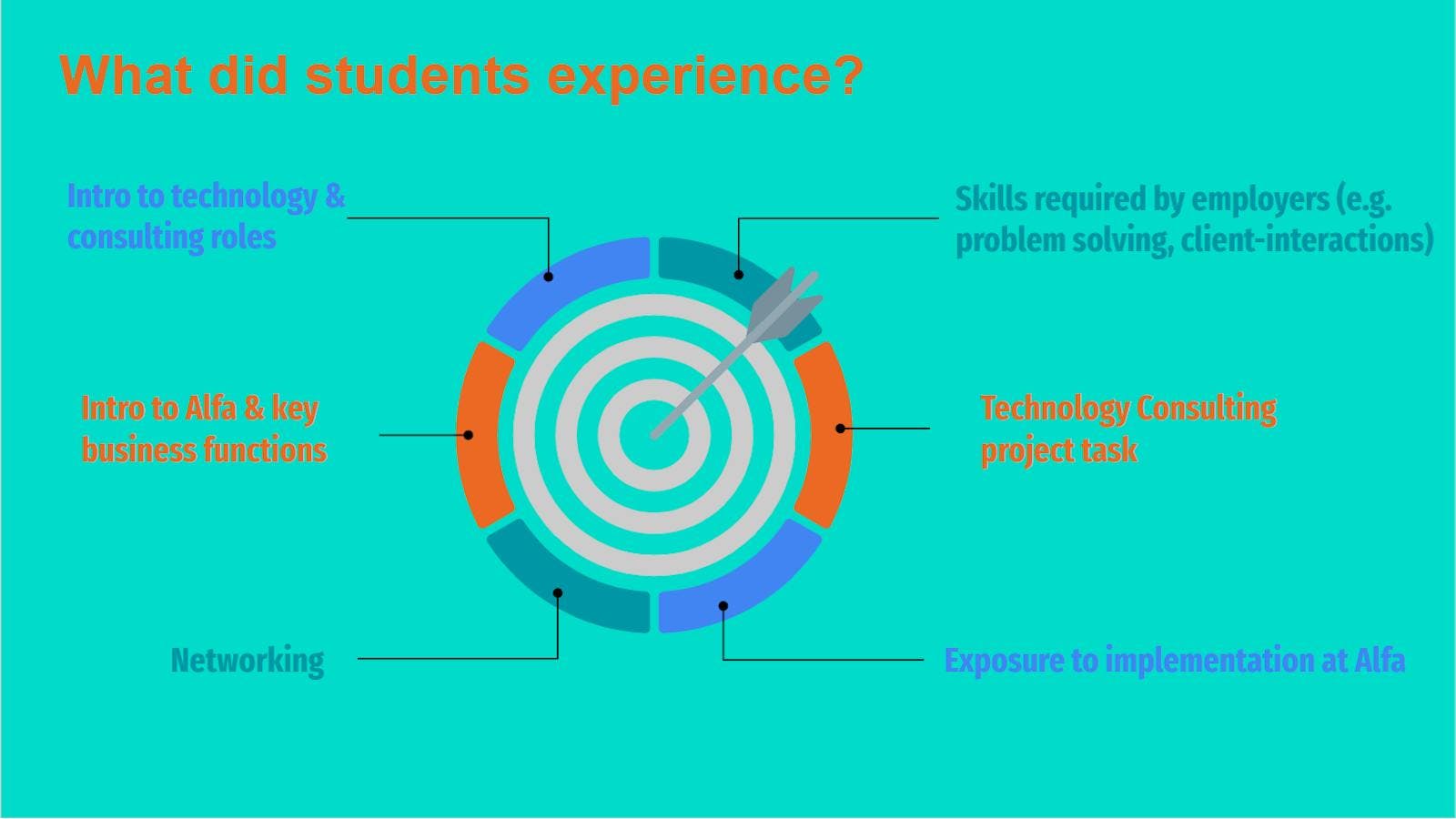 a chart showing student work experience, in equal parts introduction to technology and consulting roles; intro to alfa and key business functions; networking; skills required by employees); technology consulting project task; exposure to implementation at alfa