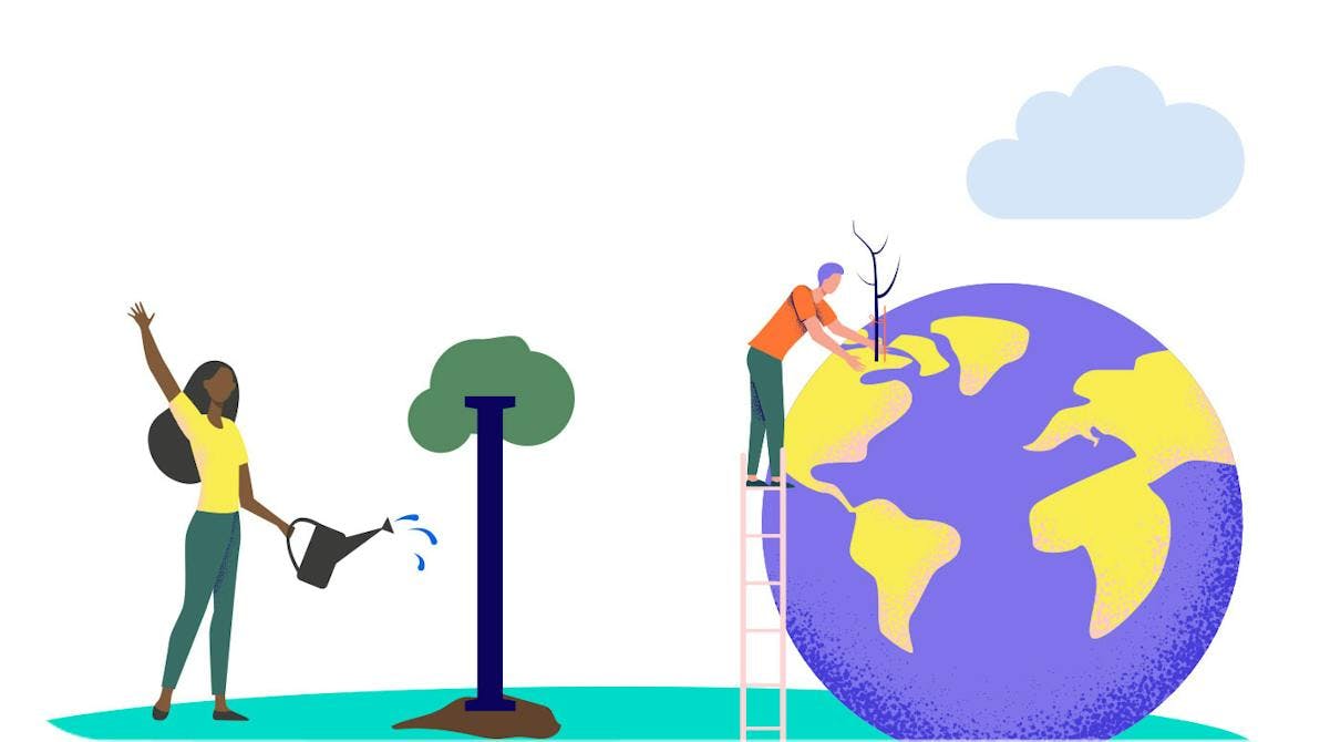 illustration of people planting and watering trees