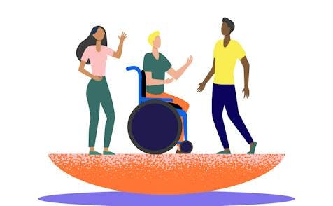 Colourful illustration of characters balancing on a semi circle