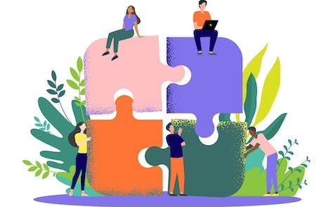 Colourful illustration showing a individuals sitting on four jigsaw puzzle pieces