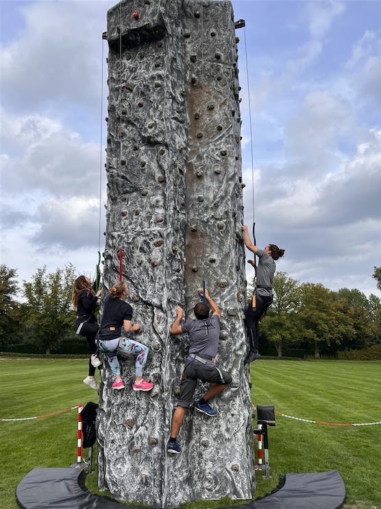 a group of alfa employees climbing